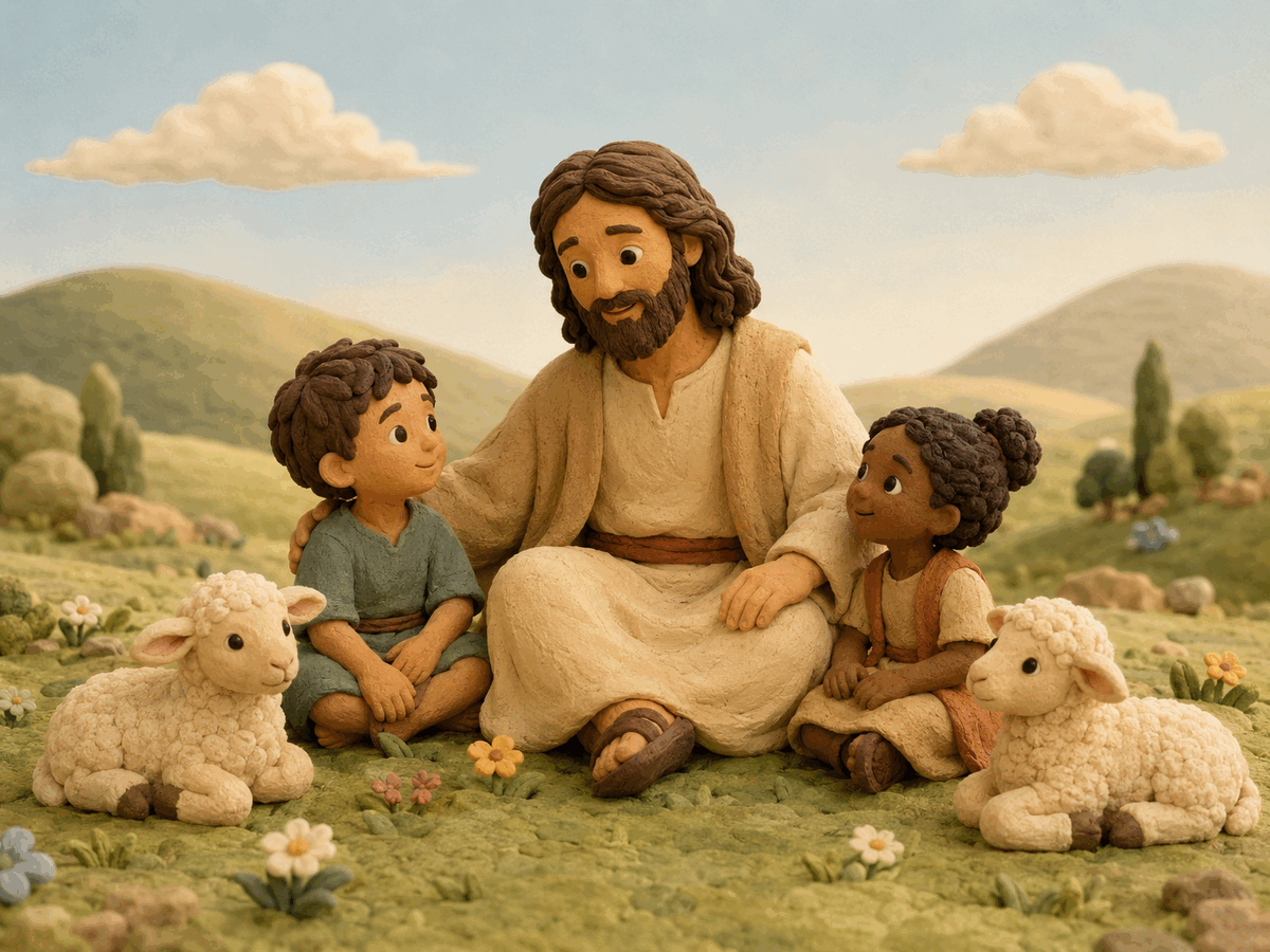 Jesus sitting peacefully with children and lambs in a handmade clay meadow