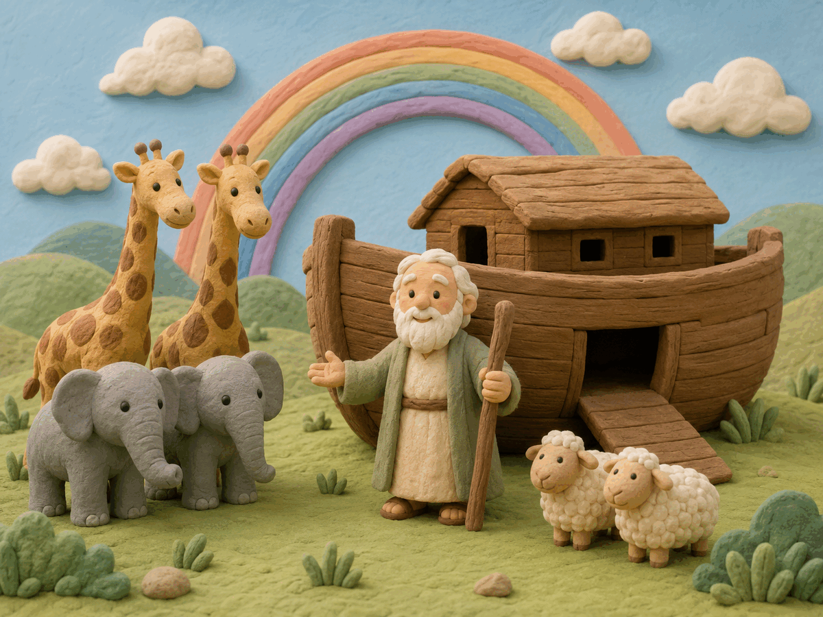 Noah beside a clay ark with friendly animals and a rainbow