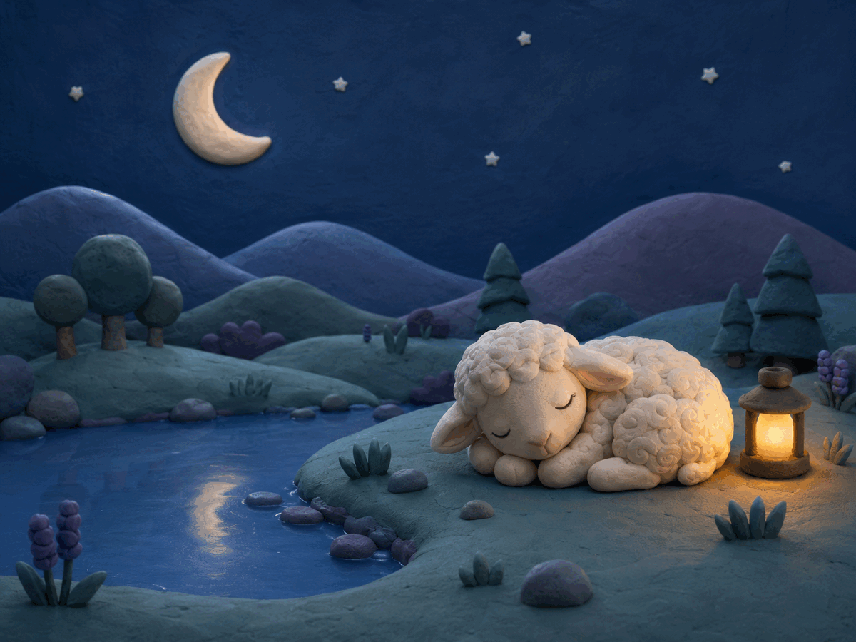 A little clay lamb sleeping beside still water under the moon